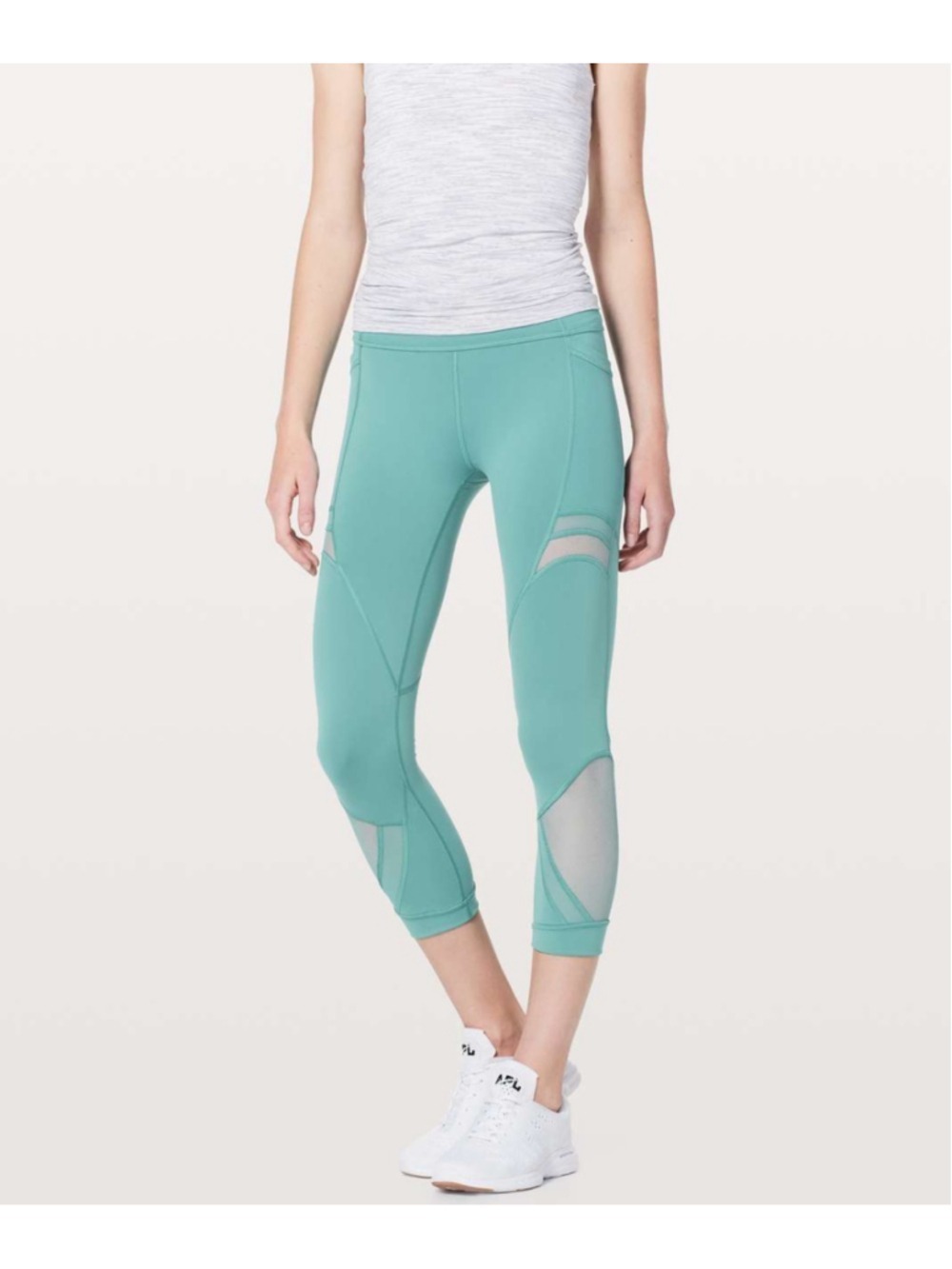 Lululemon Forget The Sweat Crop 21" Turquoise Sea Teal Mesh Leggings Size 10